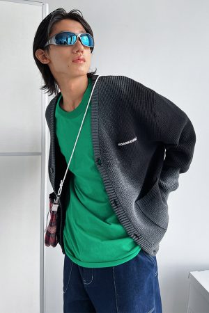 Black Spray Dye Logo Knitted Cardigan with Roaring Beast Design - Trendy Y2K Fashion for Stylish Layering