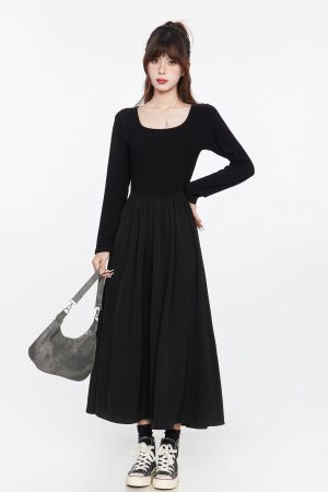 Black Square Neck Long Sleeve Dress for Women, Elegant Waist-Cinching Slimming Fit, Flared Skirt, Spring Autumn 2025 Fashion