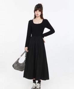 Black Square Neck Long Sleeve Dress for Women, Elegant Waist-Cinching Slimming Fit, Flared Skirt, Spring Autumn 2025 Fashion