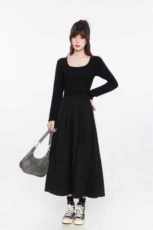 Black Square Neck Long Sleeve Dress for Women, Elegant Waist-Cinching Slimming Fit, Flared Skirt, Spring Autumn 2025 Fashion