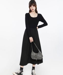 Black Square Neck Long Sleeve Dress for Women, Elegant Waist-Cinching Slimming Fit, Flared Skirt, Spring Autumn 2025 Fashion