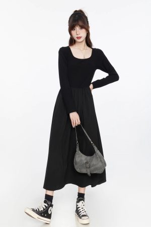 Black Square Neck Long Sleeve Dress for Women, Elegant Waist-Cinching Slimming Fit, Flared Skirt, Spring Autumn 2025 Fashion