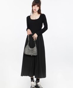 Black Square Neck Long Sleeve Dress for Women, Elegant Waist-Cinching Slimming Fit, Flared Skirt, Spring Autumn 2025 Fashion
