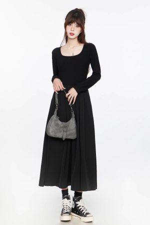 Black Square Neck Long Sleeve Dress for Women, Elegant Waist-Cinching Slimming Fit, Flared Skirt, Spring Autumn 2025 Fashion