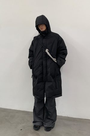 Black Stand Collar Hooded Mid-Length Down Jacket - Stylish Winter Outerwear, Urban Chic, Cozy Fashion for Cold Weather