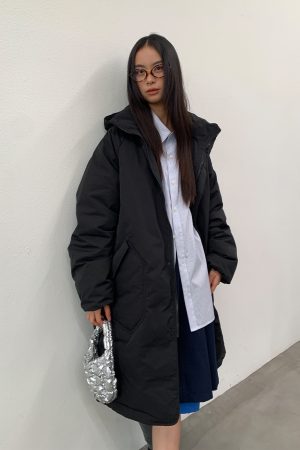 Black Stand Collar Hooded Mid-Length Down Jacket - Stylish Winter Outerwear, Urban Chic, Cozy Fashion for Cold Weather