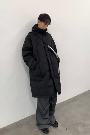 Black Stand Collar Hooded Mid-Length Down Jacket - Stylish Winter Outerwear, Urban Chic, Cozy Fashion for Cold Weather