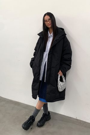 Black Stand Collar Hooded Mid-Length Down Jacket - Stylish Winter Outerwear, Urban Chic, Cozy Fashion for Cold Weather