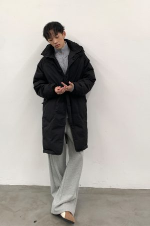 Black Stand Collar Hooded Mid-Length Down Jacket - Stylish Winter Outerwear, Urban Chic, Cozy Fashion for Cold Weather