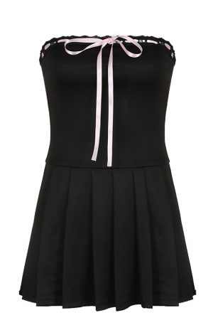 Black Strapless A-Line Mini Dress with Bow Tie, Summer Slim Waist Dress for Women, Chic French Court Style