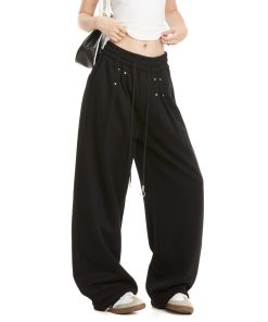 Black Studded Jazz Dance Sweatpants for Women - Autumn 2025 American Style Straight Leg Casual Sports Pants