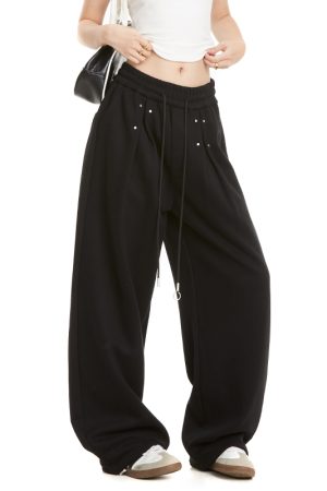 Black Studded Jazz Dance Sweatpants for Women - Autumn 2025 American Style Straight Leg Casual Sports Pants