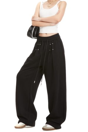 Black Studded Jazz Dance Sweatpants for Women - Autumn 2025 American Style Straight Leg Casual Sports Pants
