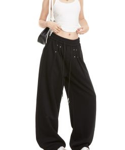 Black Studded Jazz Dance Sweatpants for Women - Autumn 2025 American Style Straight Leg Casual Sports Pants