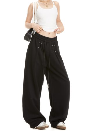 Black Studded Jazz Dance Sweatpants for Women - Autumn 2025 American Style Straight Leg Casual Sports Pants