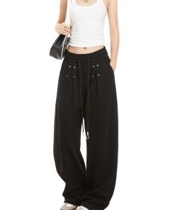 Black Studded Jazz Dance Sweatpants for Women - Autumn 2025 American Style Straight Leg Casual Sports Pants