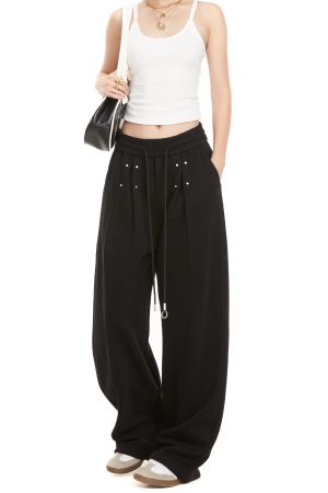 Black Studded Jazz Dance Sweatpants for Women - Autumn 2025 American Style Straight Leg Casual Sports Pants