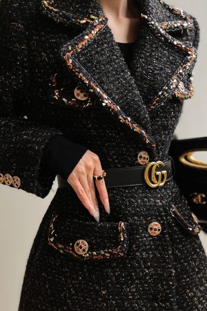 Black Sugar Gold French Wool Boucle Elegant Slim Fit Coat - Chic Little Chanel Style Dress for Sophisticated Looks
