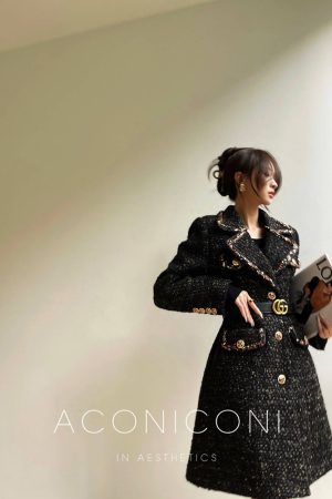 Black Sugar Gold French Wool Boucle Elegant Slim Fit Coat - Chic Little Chanel Style Dress for Sophisticated Looks