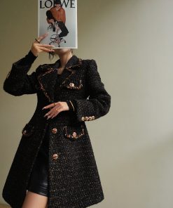 Black Sugar Gold French Wool Boucle Elegant Slim Fit Coat - Chic Little Chanel Style Dress for Sophisticated Looks