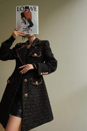 Black Sugar Gold French Wool Boucle Elegant Slim Fit Coat - Chic Little Chanel Style Dress for Sophisticated Looks