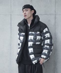 Black Symmetrical All-Over Print Down Jacket - Roaring Beast Design, Stylish Winter Outerwear, Trendy Streetwear