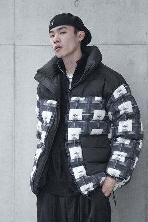 Black Symmetrical All-Over Print Down Jacket - Roaring Beast Design, Stylish Winter Outerwear, Trendy Streetwear