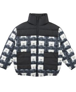 Black Symmetrical All-Over Print Down Jacket - Roaring Beast Design, Stylish Winter Outerwear, Trendy Streetwear