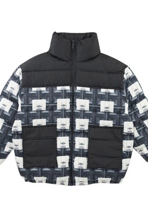 Black Symmetrical All-Over Print Down Jacket - Roaring Beast Design, Stylish Winter Outerwear, Trendy Streetwear