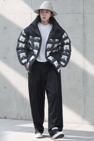 Black Symmetrical All-Over Print Down Jacket - Roaring Beast Design, Stylish Winter Outerwear, Trendy Streetwear