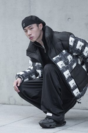 Black Symmetrical All-Over Print Down Jacket - Roaring Beast Design, Stylish Winter Outerwear, Trendy Streetwear