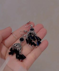 Black Tassel Ethnic Style Long Earrings for Women - Trendy 2025 Wind Chime Ear Clips, No Piercing Required, Boho Chic Accessory