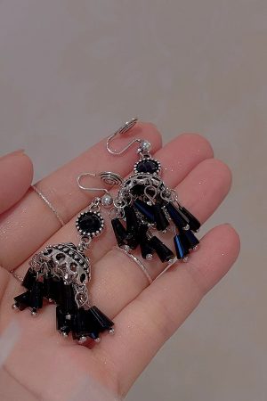 Black Tassel Ethnic Style Long Earrings for Women - Trendy 2025 Wind Chime Ear Clips, No Piercing Required, Boho Chic Accessory