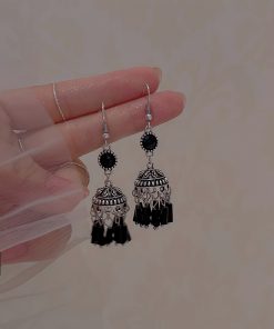 Black Tassel Ethnic Style Long Earrings for Women - Trendy 2025 Wind Chime Ear Clips, No Piercing Required, Boho Chic Accessory