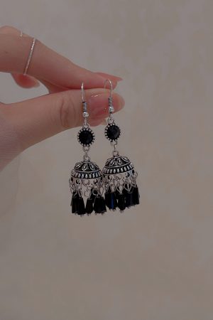 Black Tassel Ethnic Style Long Earrings for Women - Trendy 2025 Wind Chime Ear Clips, No Piercing Required, Boho Chic Accessory