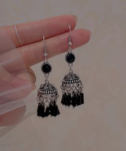 Black Tassel Ethnic Style Long Earrings for Women - Trendy 2025 Wind Chime Ear Clips, No Piercing Required, Boho Chic Accessory