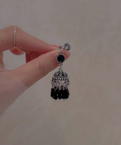 Black Tassel Ethnic Style Long Earrings for Women - Trendy 2025 Wind Chime Ear Clips, No Piercing Required, Boho Chic Accessory