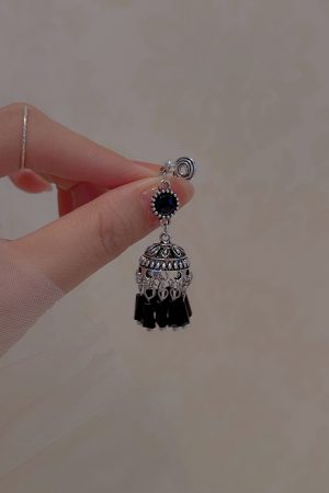 Black Tassel Ethnic Style Long Earrings for Women - Trendy 2025 Wind Chime Ear Clips, No Piercing Required, Boho Chic Accessory