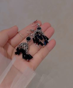 Black Tassel Ethnic Style Long Earrings for Women - Trendy 2025 Wind Chime Ear Clips, No Piercing Required, Boho Chic Accessory