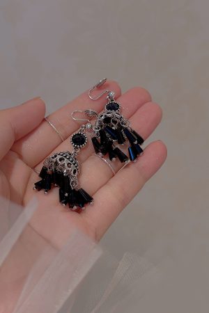 Black Tassel Ethnic Style Long Earrings for Women - Trendy 2025 Wind Chime Ear Clips, No Piercing Required, Boho Chic Accessory