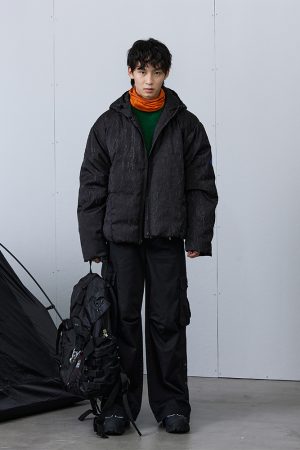 Black Textured Down Jacket - Stylish Winter Outerwear, Warm Insulated Coat for Men, Trendy Urban Fashion, Essential Cold Weather Piece