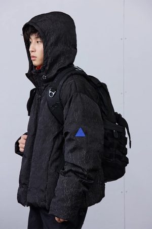 Black Textured Down Jacket - Stylish Winter Outerwear, Warm Insulated Coat for Men, Trendy Urban Fashion, Essential Cold Weather Piece
