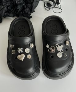 Black Thick-Soled Hole Shoes for Women - Summer 2025 DIY Height-Increasing Non-Slip Slippers - Trendy Outdoor Footwear