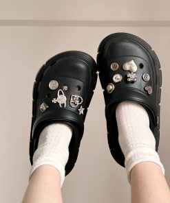 Black Thick-Soled Hole Shoes for Women - Summer 2025 DIY Height-Increasing Non-Slip Slippers - Trendy Outdoor Footwear