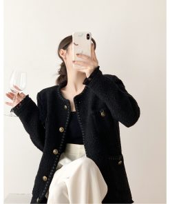 Black Tweed Loose-Fit Women's Coat, Elegant Slimming Design, Korean Style for Spring and Autumn Fashion