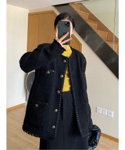 Black Tweed Loose-Fit Women's Coat, Elegant Slimming Design, Korean Style for Spring and Autumn Fashion
