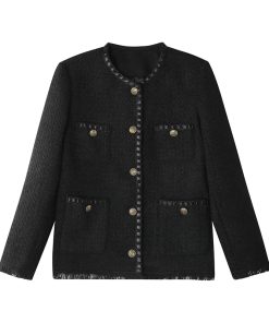 Black Tweed Loose-Fit Women's Coat, Elegant Slimming Design, Korean Style for Spring and Autumn Fashion