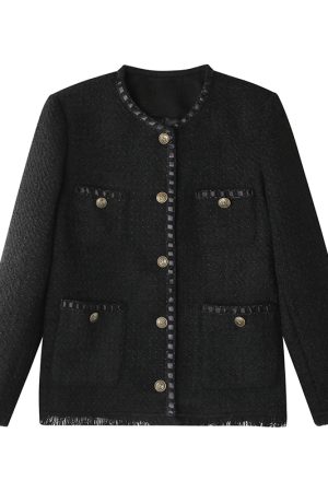 Black Tweed Loose-Fit Women's Coat, Elegant Slimming Design, Korean Style for Spring and Autumn Fashion
