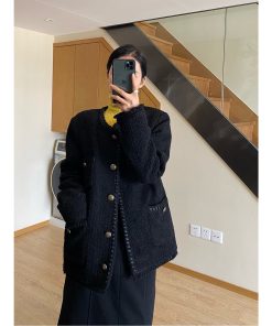 Black Tweed Loose-Fit Women's Coat, Elegant Slimming Design, Korean Style for Spring and Autumn Fashion