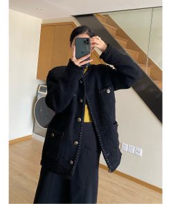 Black Tweed Loose-Fit Women's Coat, Elegant Slimming Design, Korean Style for Spring and Autumn Fashion